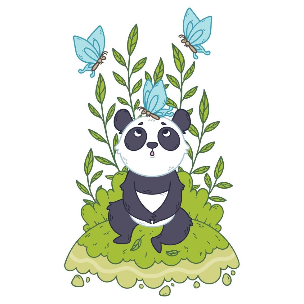 Cute little panda bear sitting in a meadow and blue butterflies are flying around. vector