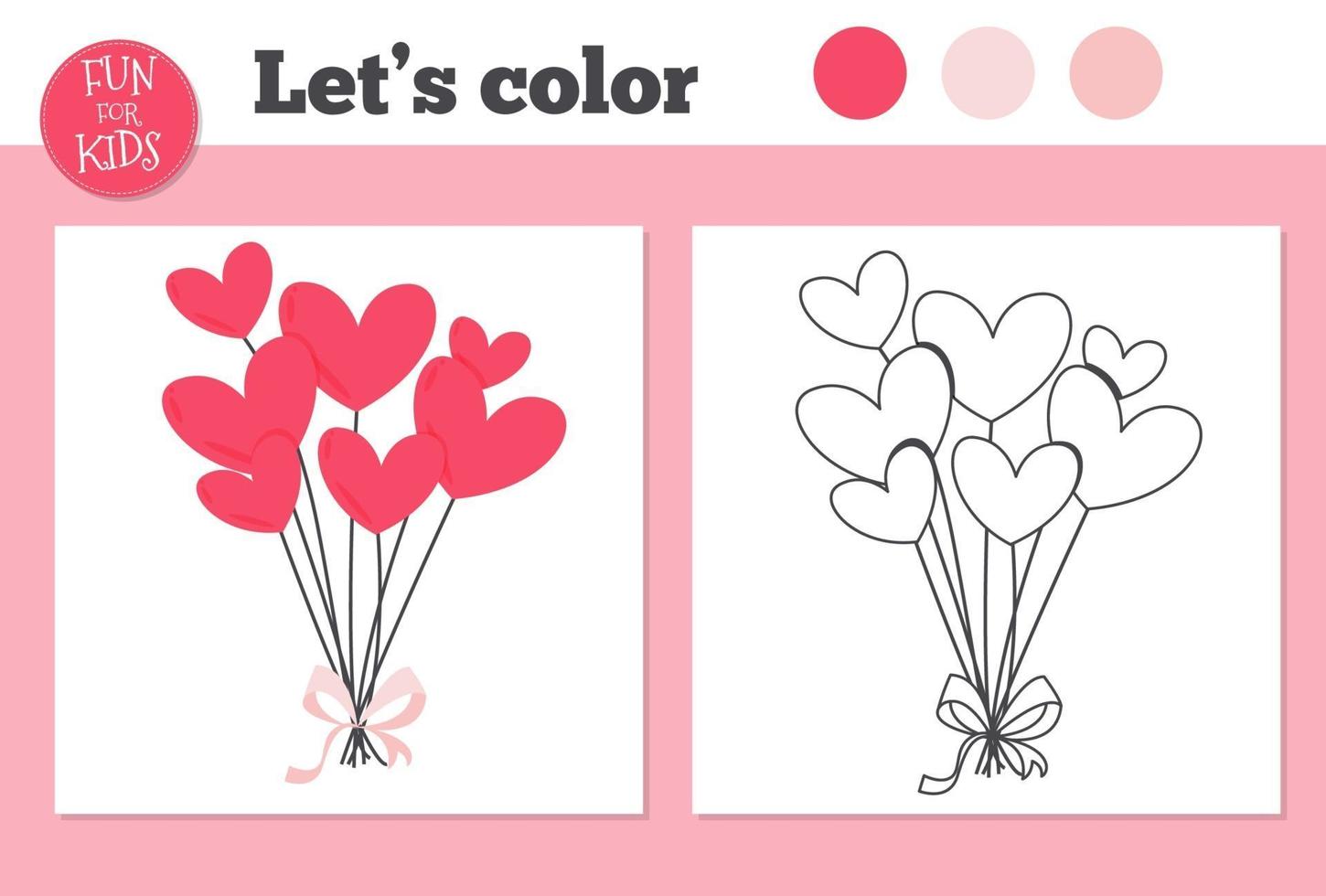 libro para colorear globos de corazón para niños en edad preescolar con un nivel de juego educativo fácil. vector