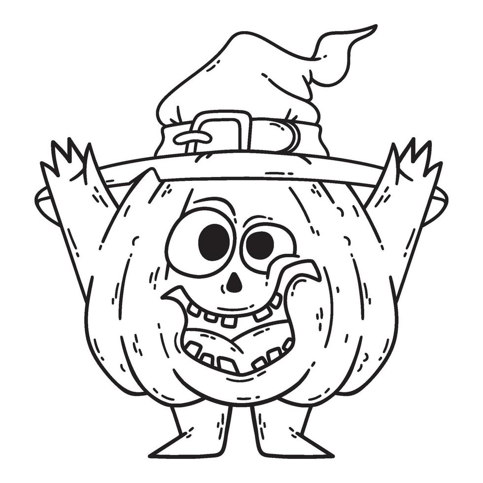 calabaza de halloween sonriente con manos, piernas y sombrero de bruja. vector