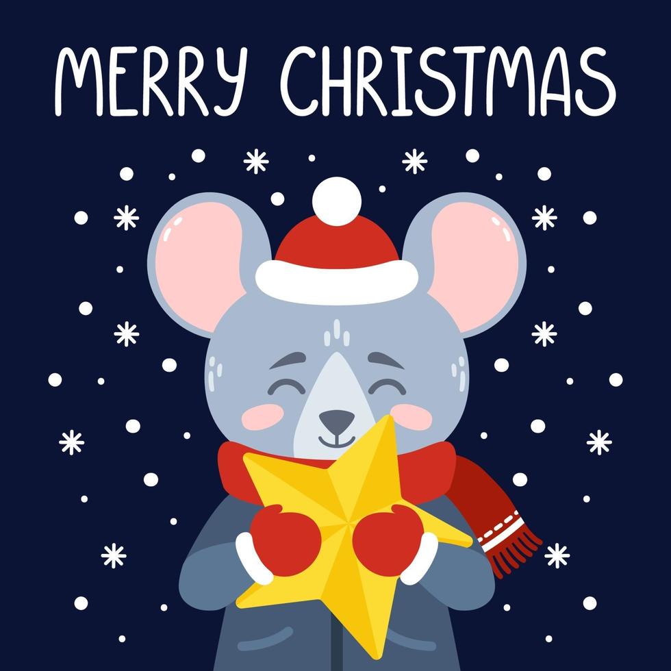 The rat with a yellow star. Merry Christmas card. vector