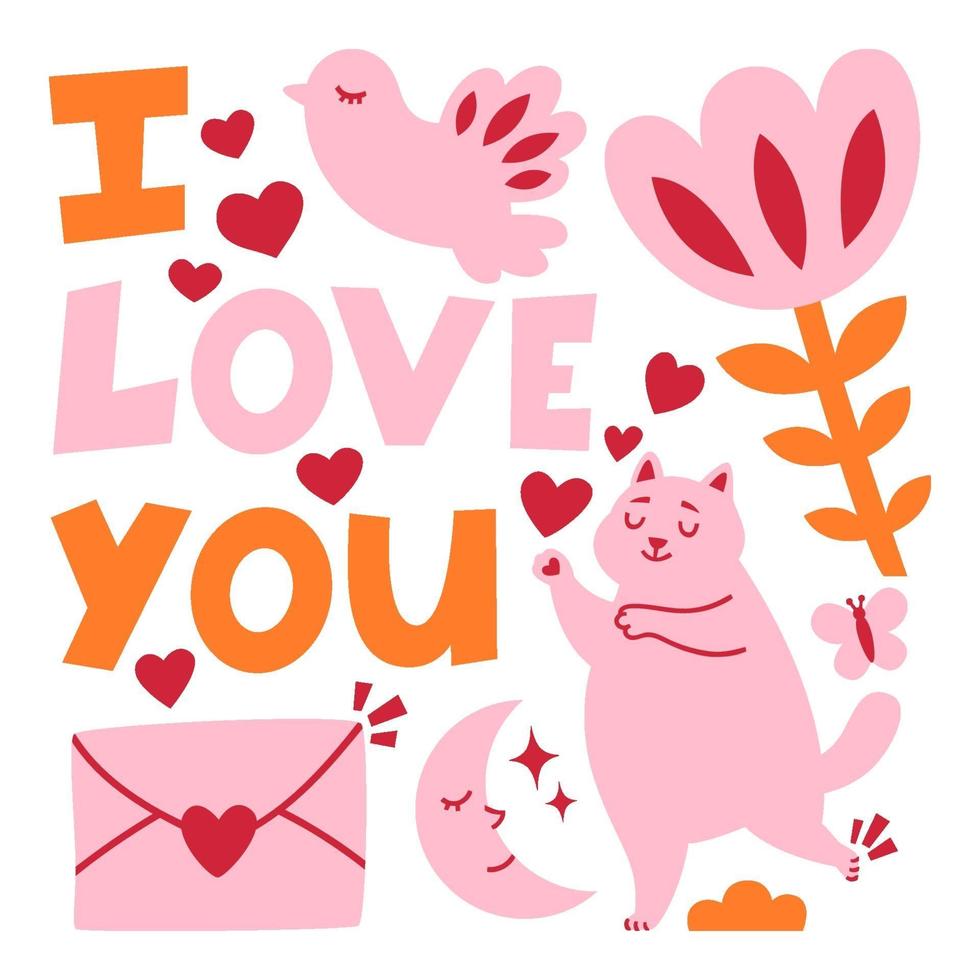 Valentines day romance greeting card with cat. vector