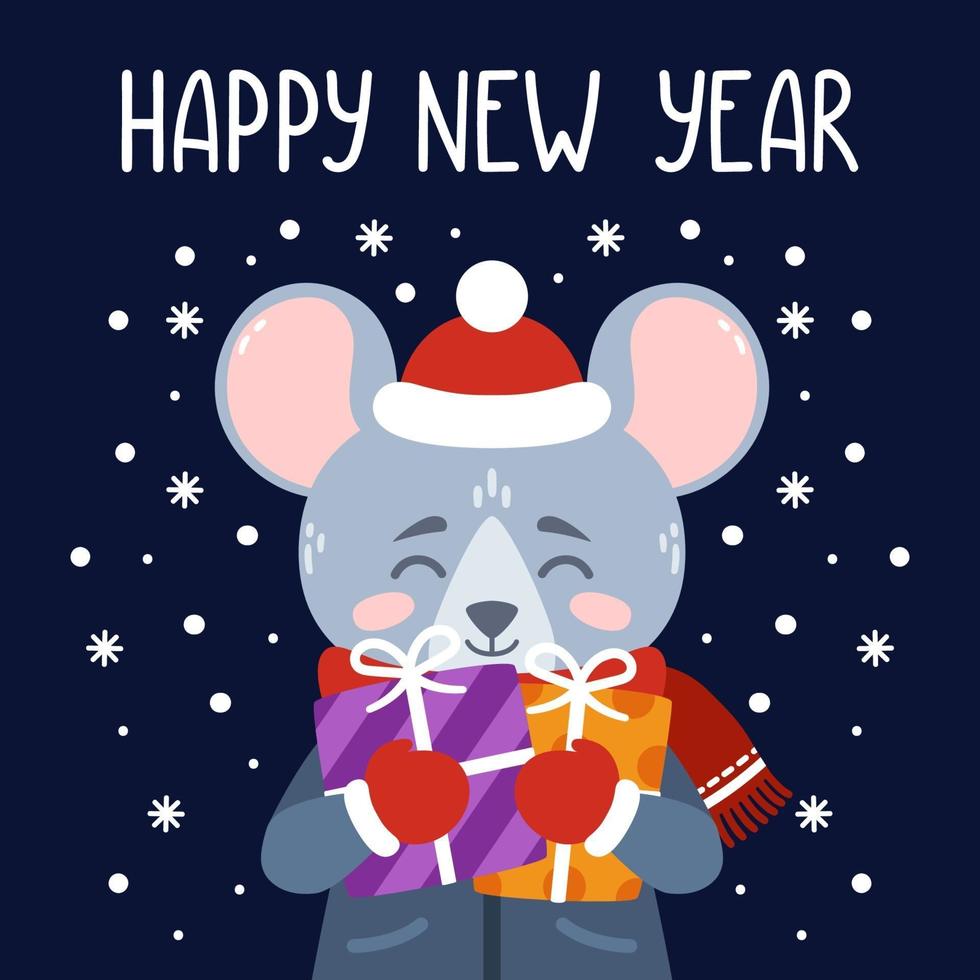 Feliz año nuevo impresión vectorial con linda rata. vector