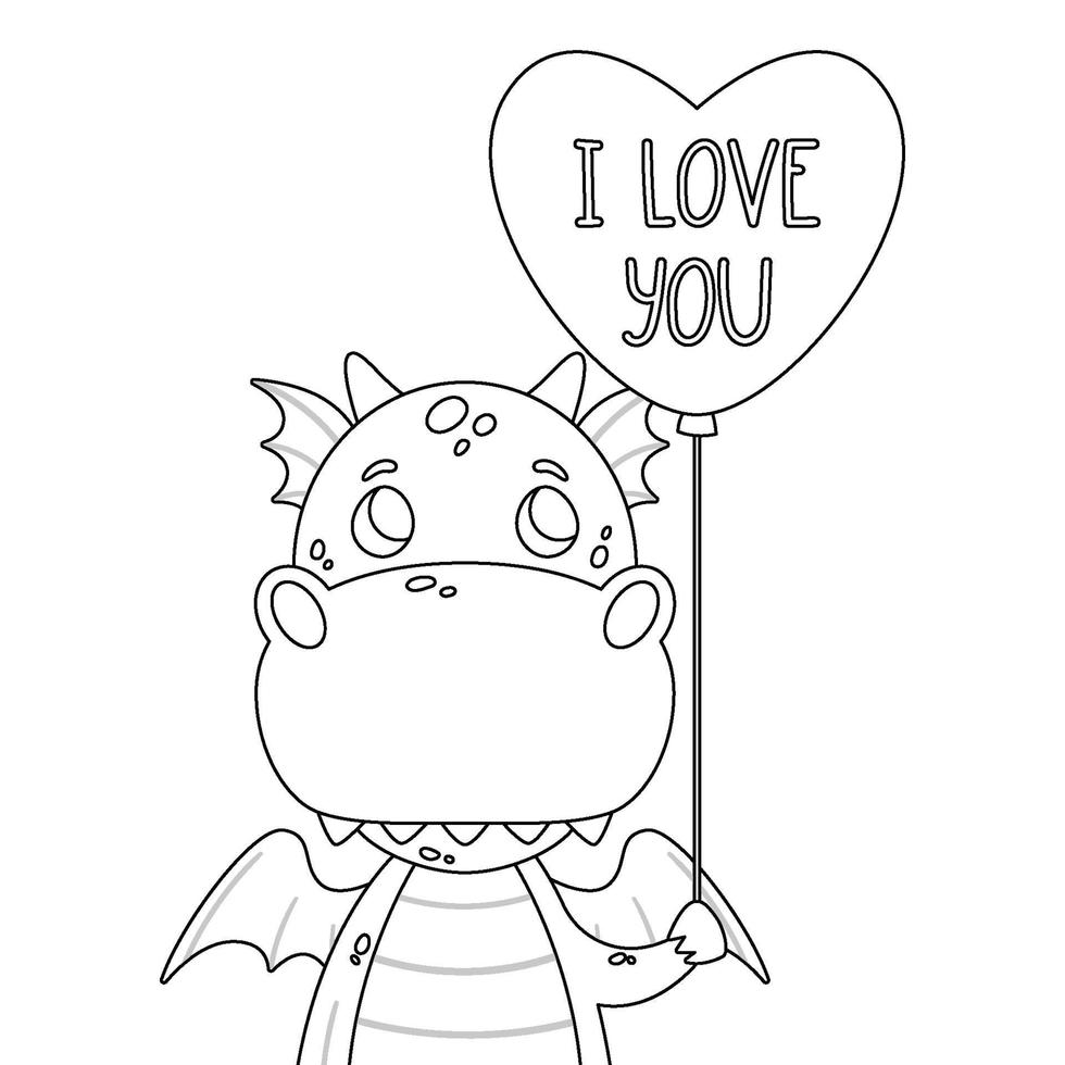 Cute dragon with balloon in shape of heart and hand drawn lettering quote - I love you. Valentines day greeting card. Vector outline illustration isolated on white background for coloring page.