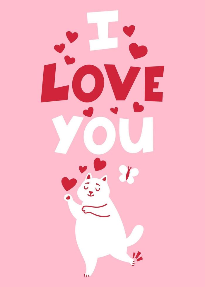 Tarjeta de felicitación romántica del día de San Valentín con gato. vector