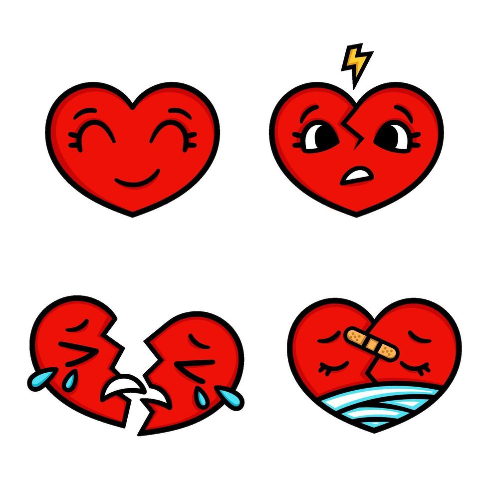 Conjunto de corazones de emoticonos de dibujos animados lindo, feliz, triste, roto. vector