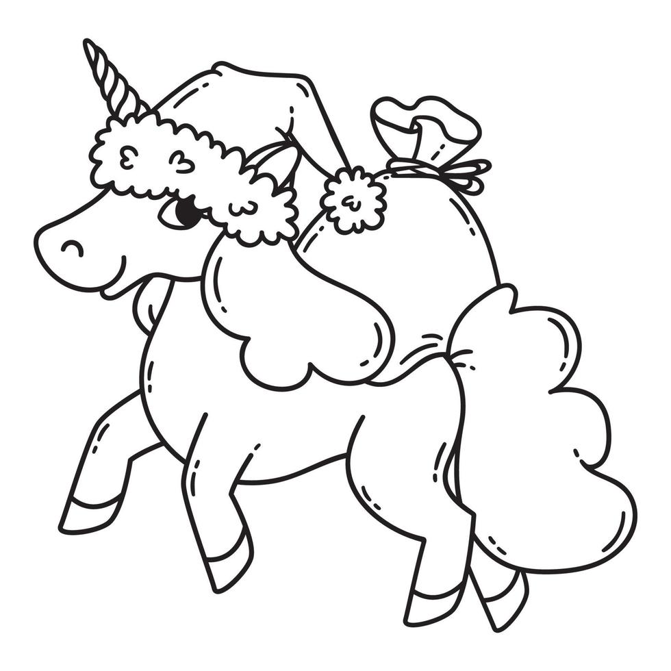 unicornio navideño con un gorro de santa y una bolsa de regalos. vector