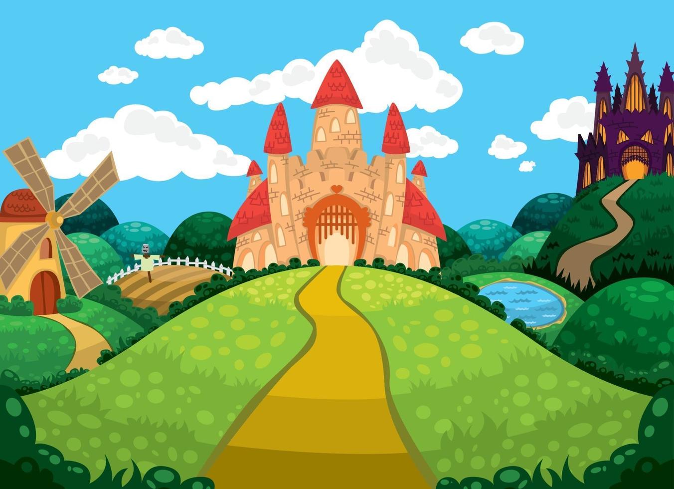 Beautiful background with castles, pond, mill and fields. vector