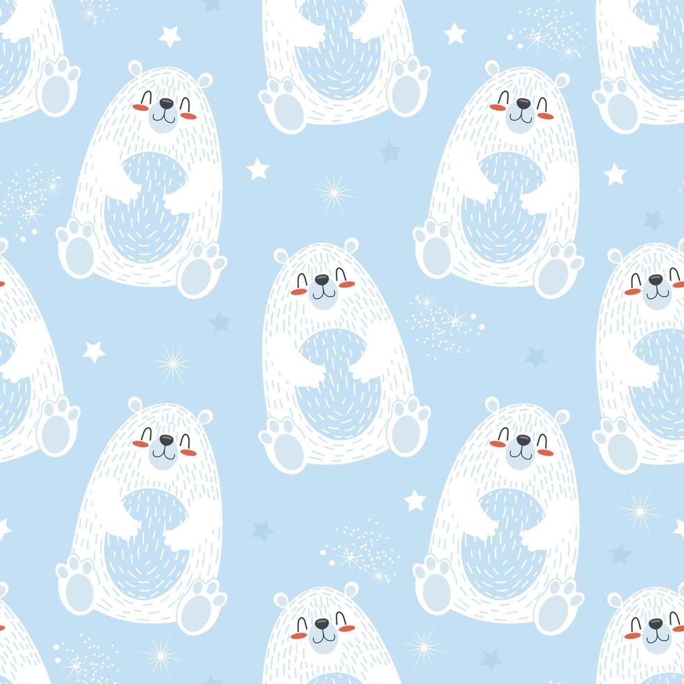 Seamless cute pattern with polar bear and snowflakes. Vector illustration for children print on packaging, fabric, wallpaper, textile