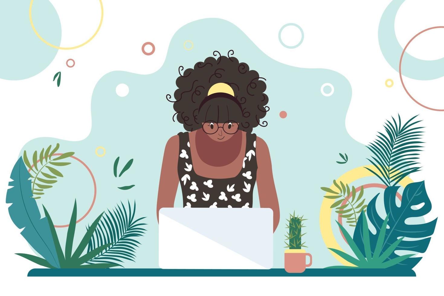 mujer negra afroamericana trabajando en una computadora. educación en línea. trabajador autónomo, autónomo, estudiante. diseño de interiores de trabajo de verano. vector