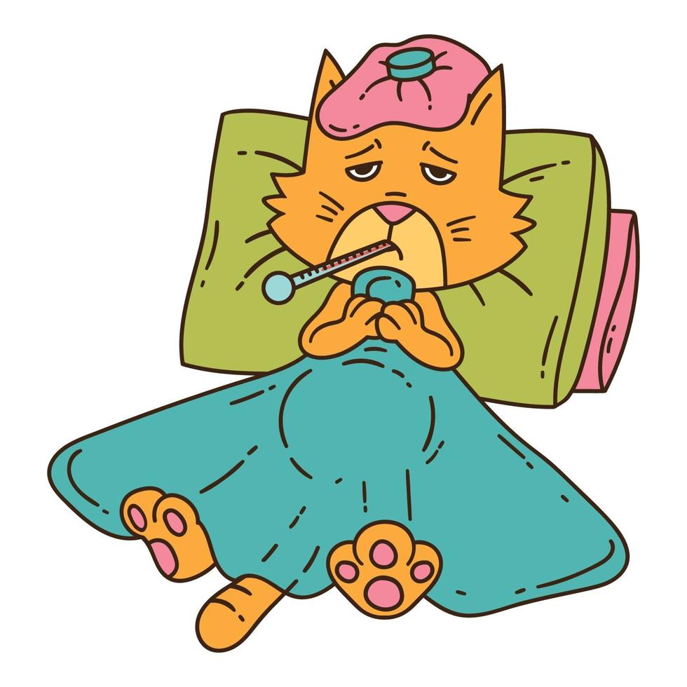 Sickening cat with thermometer under the blanket. vector