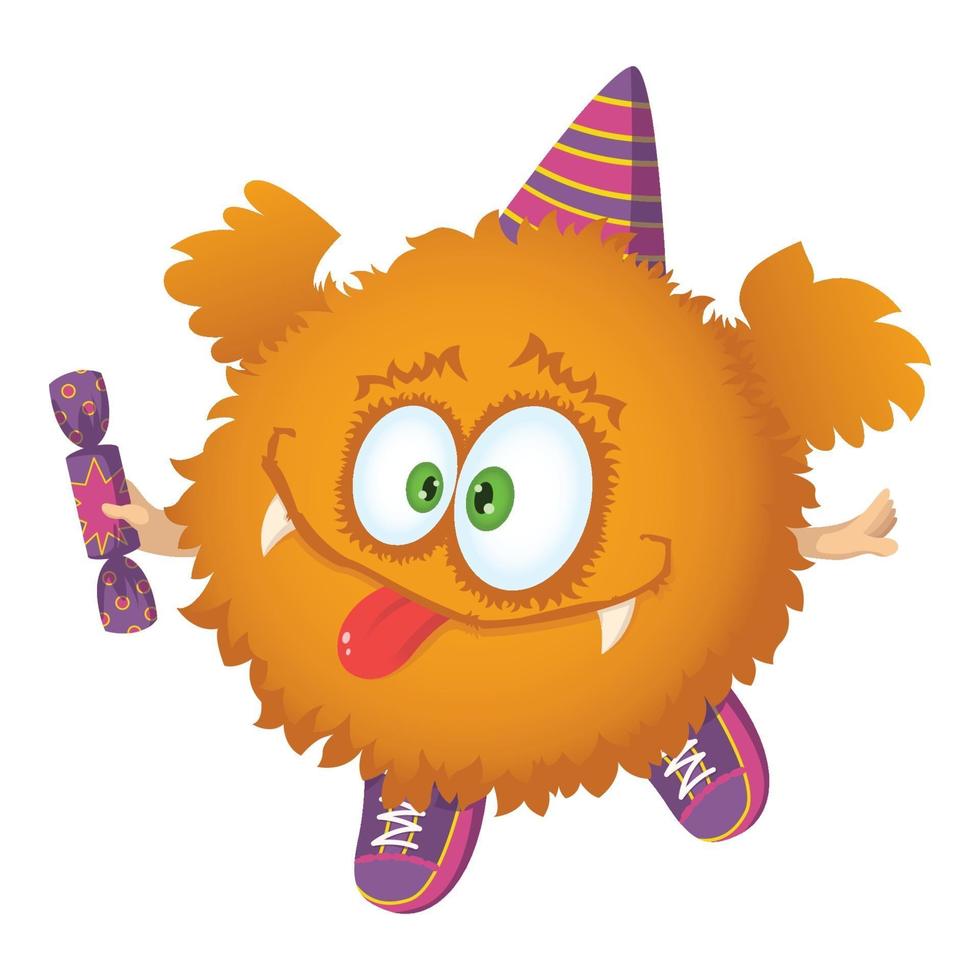 Cute red fluffy character with wings, sneakers, party cap and candy. vector