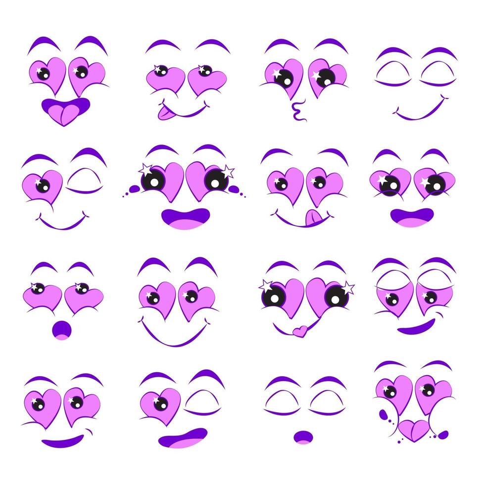 Conjunto de expresiones faciales. caricatura de caras de dibujos animados de amantes. iconos de ilustración de vector aislado
