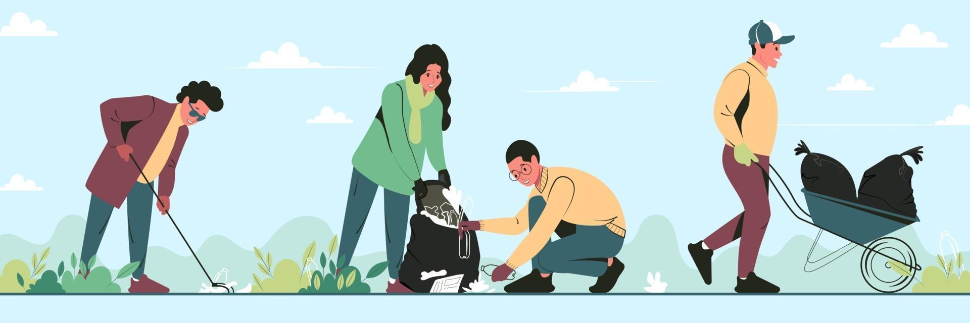 A group of young people volunteers cleaning garbage in park. Altruistic guys and girl care for environment together. Vector flat illustration