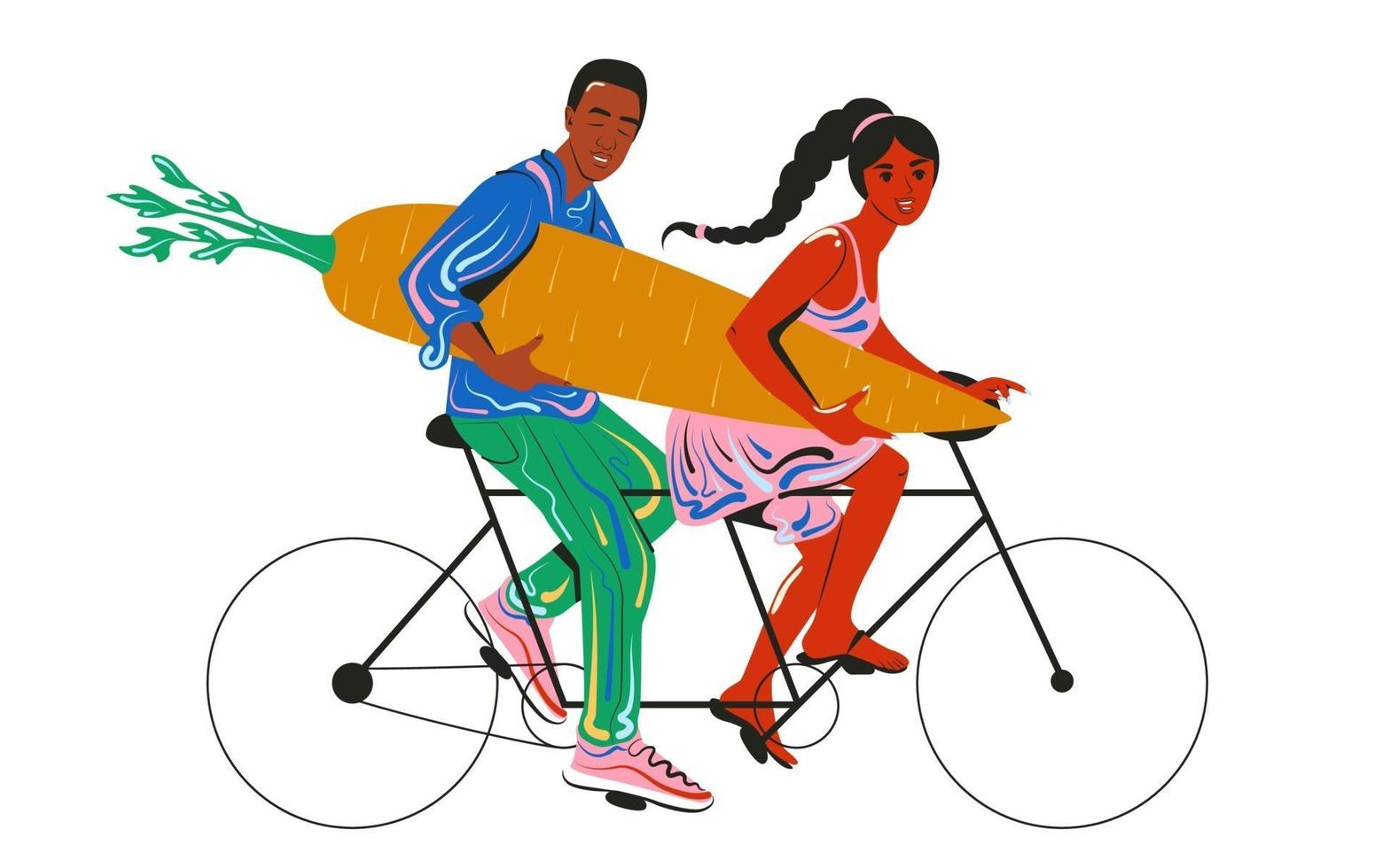 Tandem bicycle riders happy guy and young girl. Vegan for life. The concept of a healthy lifestyle, sports and proper nutrition vector