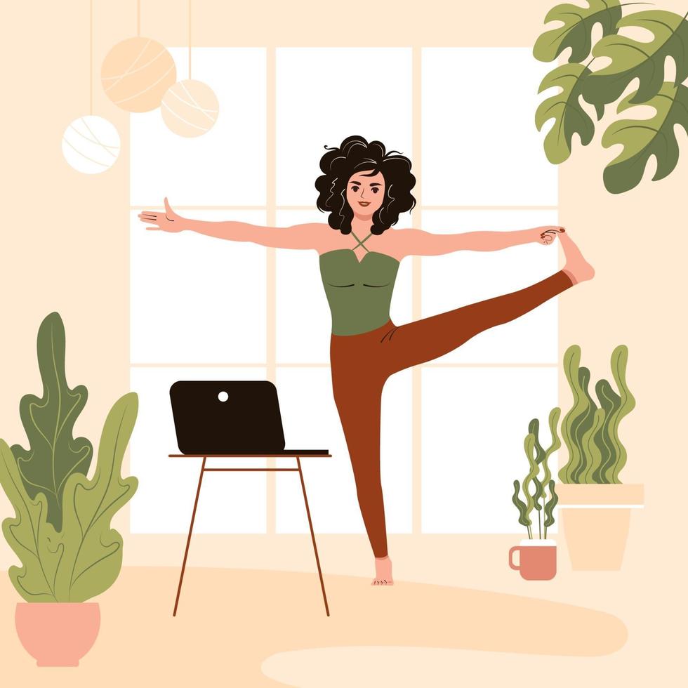 Girl in yoga pose at home. Young woman repeats exercise instructor and watching online classes on laptop. Flat vector illustration