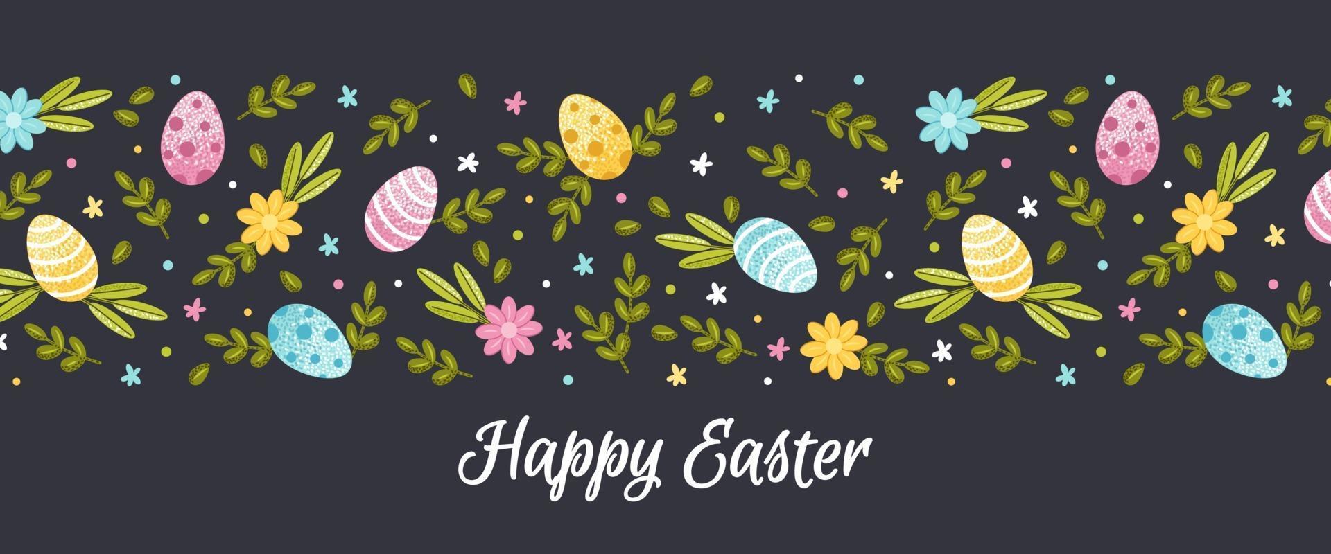 Happy easter banner. Flat vector illustration with spring flowers, foliage and painted eggs on a dark background