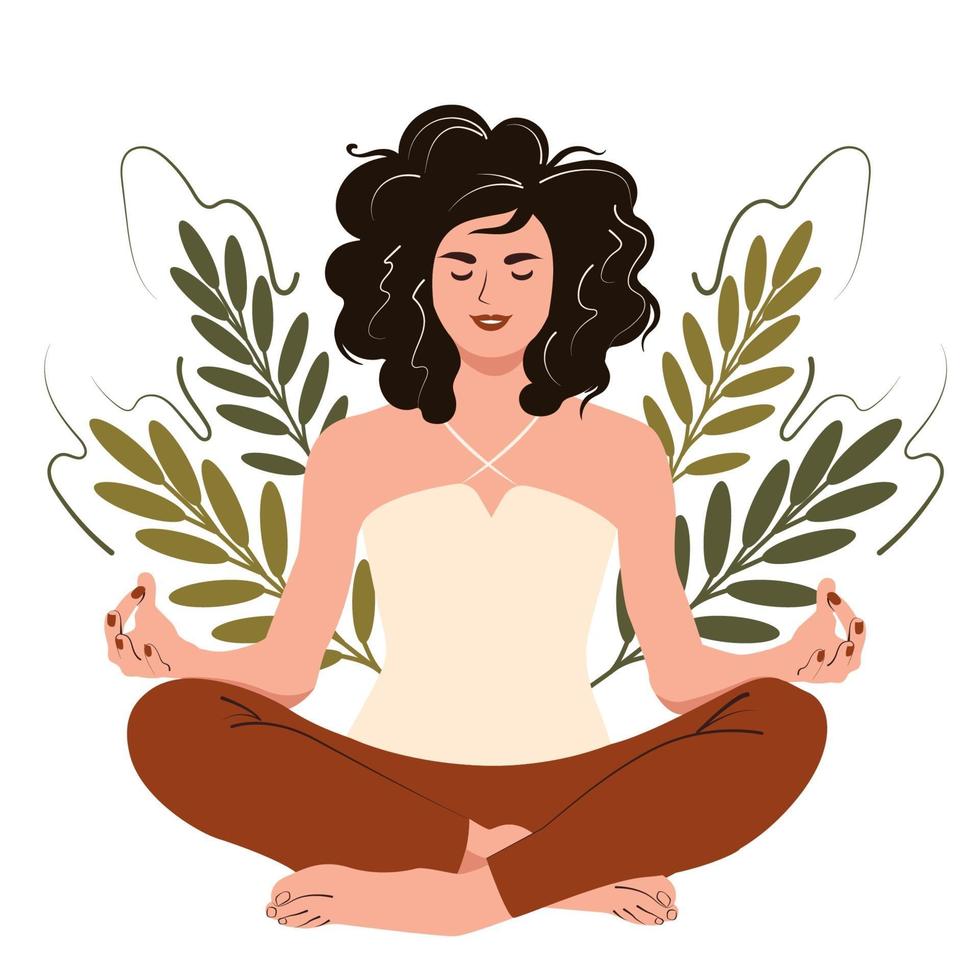 Young happy woman in yoga lotus pose. Girl meditation and mindfulness practice, spiritual discipline. Flat cartoon vector illustration.