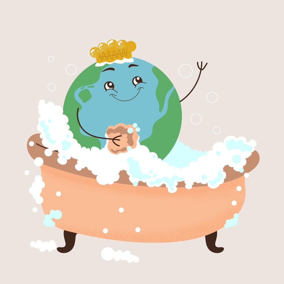 Cute Earth Planet taking a bath, flat vector illustration for world Environment Day banner or poster