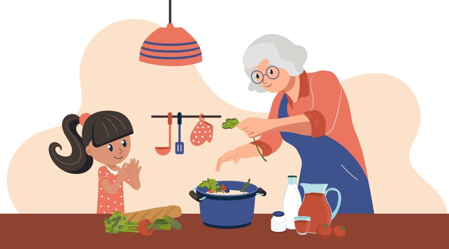 Grandmother and granddaughter spend time together in the kitchen. The child is on school holidays. Vector illustration