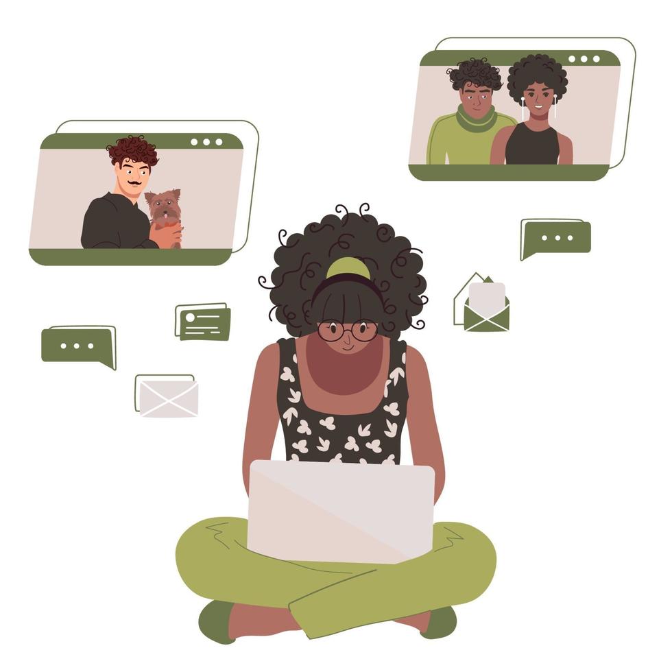 African American black woman chatting with friends online on a laptop. Social networks. Isolated vector illustration on white background.