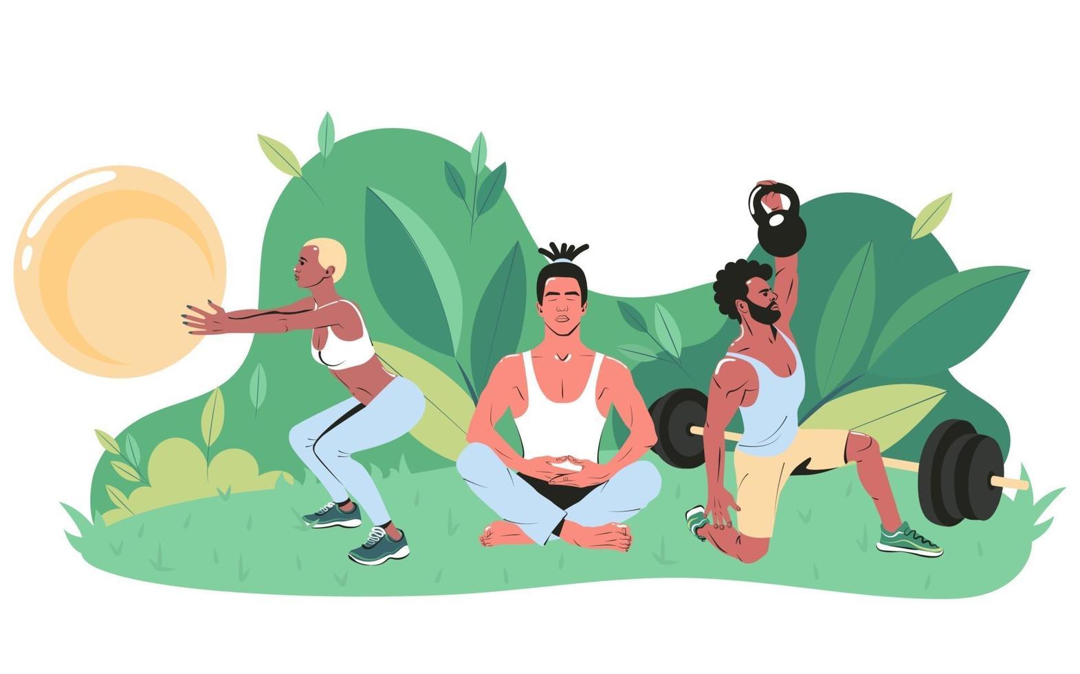 jóvenes de diferentes nacionalidades practican deportes al aire libre en el parque. ilustración vectorial plana vector