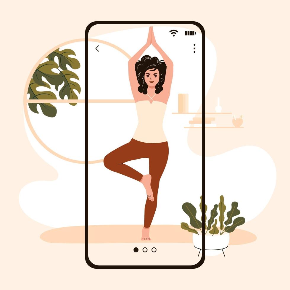 mujer haciendo ejercicios de yoga. bienestar y estilo de vida saludable. concepto de yoga en línea en el teléfono inteligente en casa vector