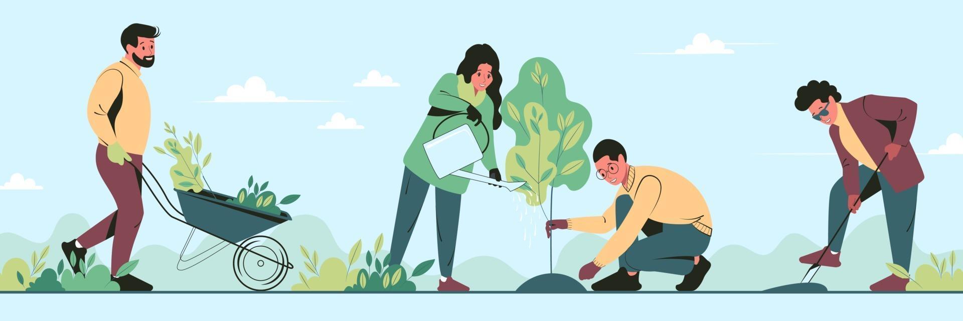 jóvenes voluntarios plantan árboles en el parque de la ciudad en la primavera. las personas del grupo trabajan juntas para mejorar el medio ambiente. ilustración vectorial plana vector