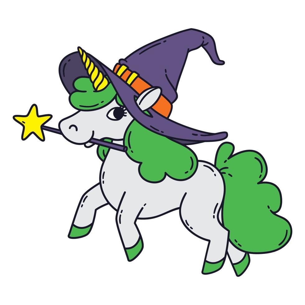 Halloween unicorn with magic wand, witch hat and green mane. vector