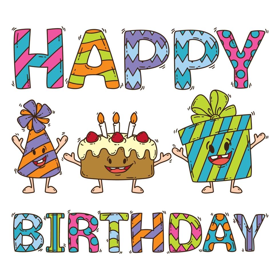 tarjeta de cumpleaños con pastel, presente y gorro de fiesta. vector