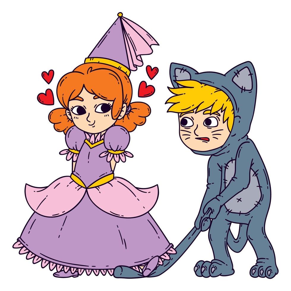 niño y niña en disfraces de halloween princesa y gato. vector