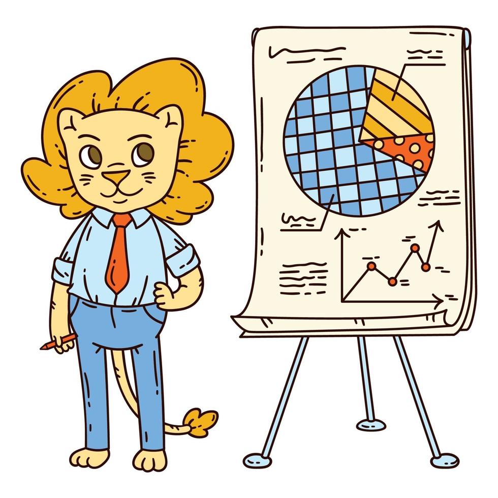 Lion teacher with a board on a tripod. vector