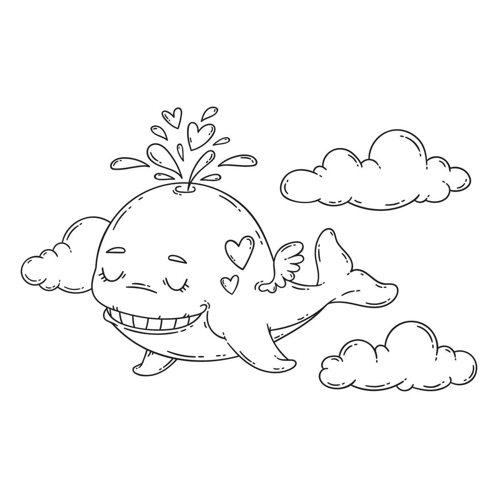 A whale with wings in the sky with hearts. vector
