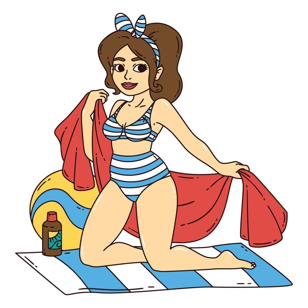 hermosa chica en traje de baño retro en una playa. vector