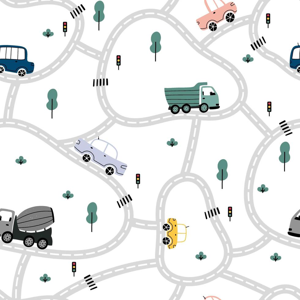 City map pattern with roads, cars, trucks, trees, traffic lights. vector