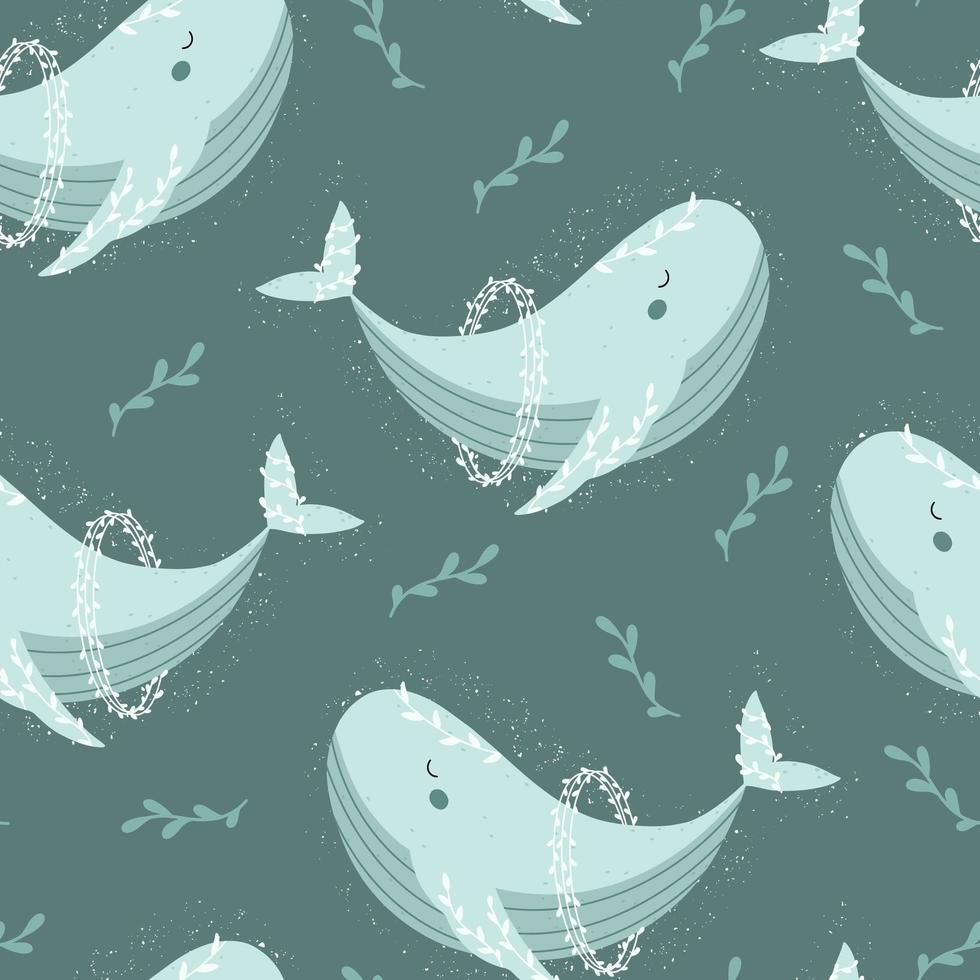 Cute whale with leaves around seamless pattern. vector