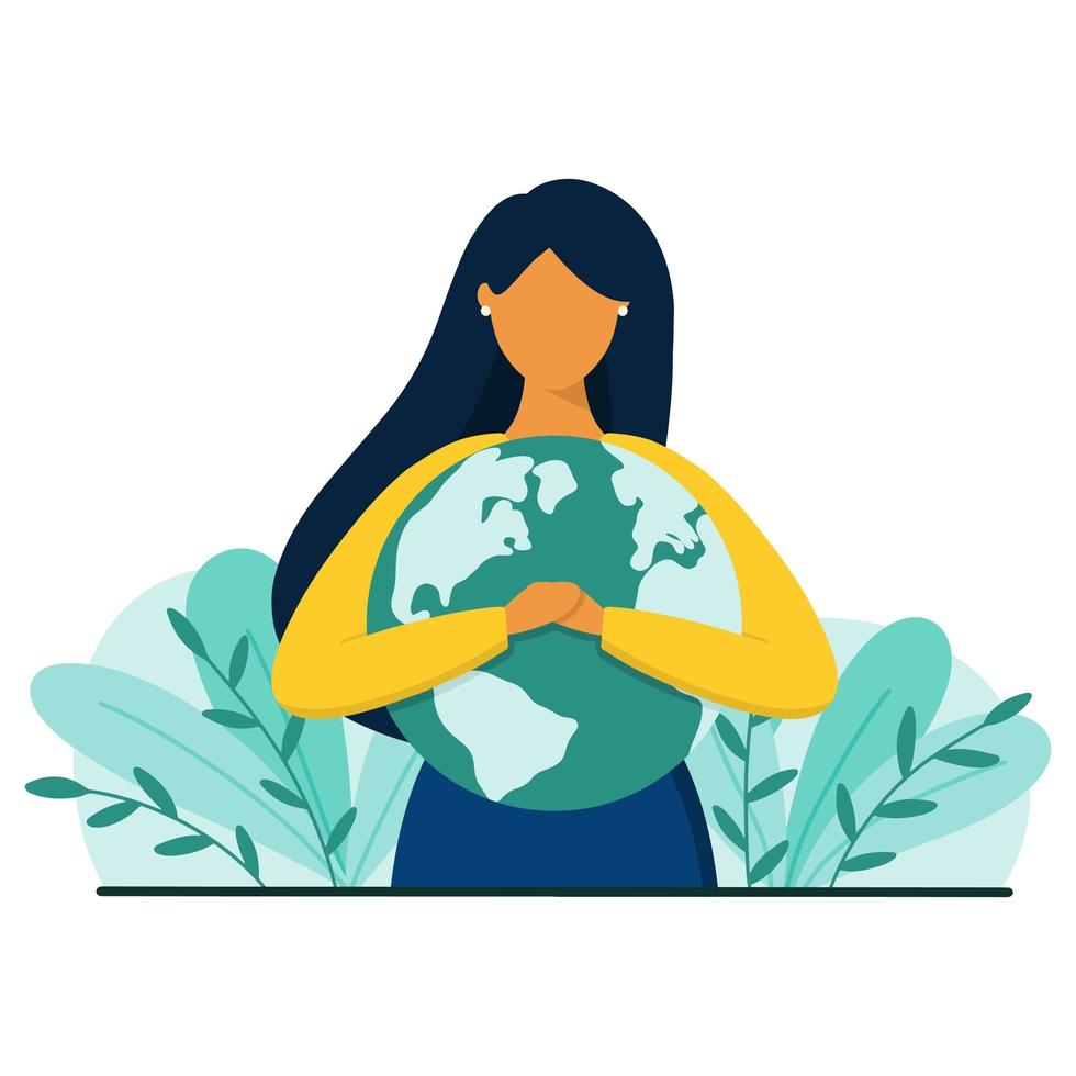 Woman hugs planet Earth with love and care. Save the planet concept. vector