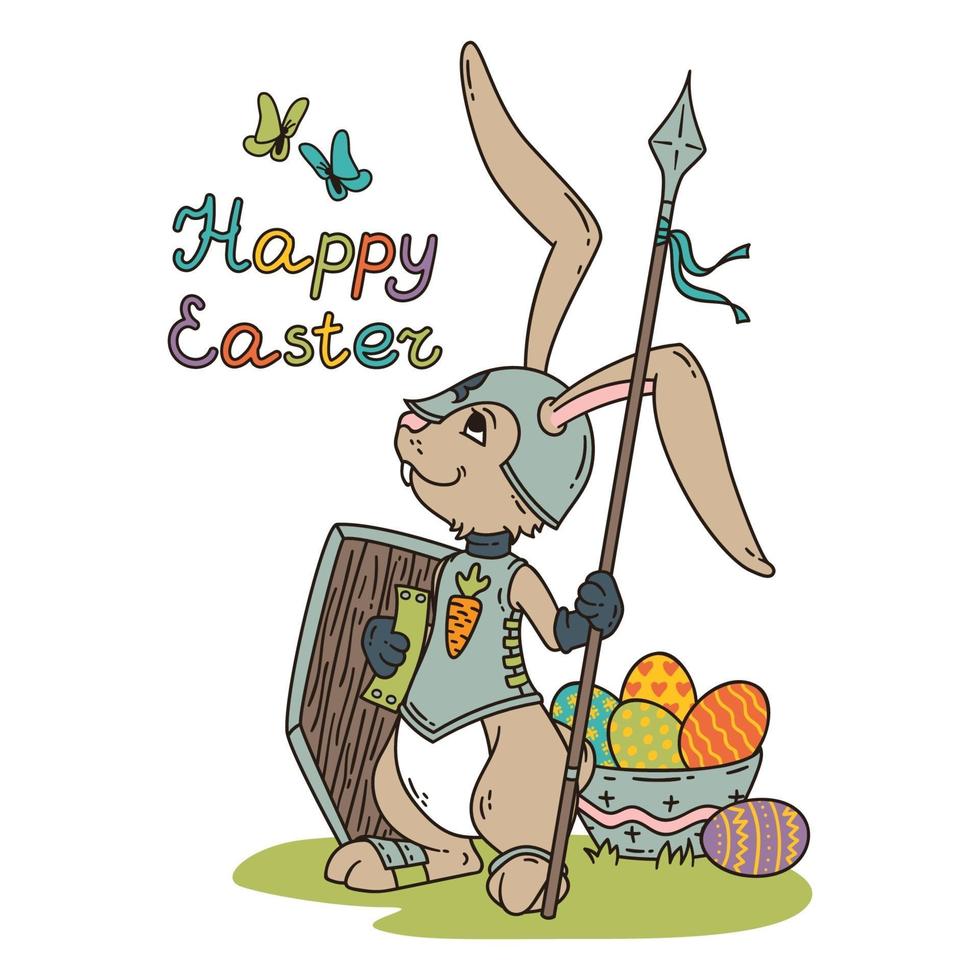 Easter bunny knight with a lance and shield. vector