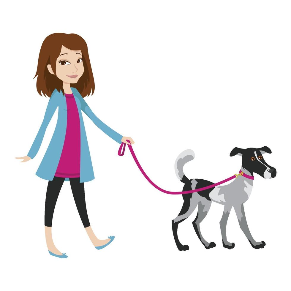 chica caminando con un perro con una correa. vector