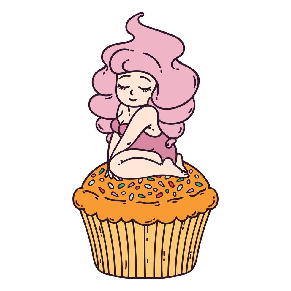 Cute girl on cupcake. vector