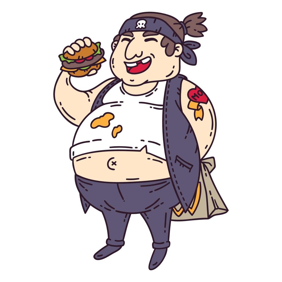 hombre gordo con hamburguesa. vector