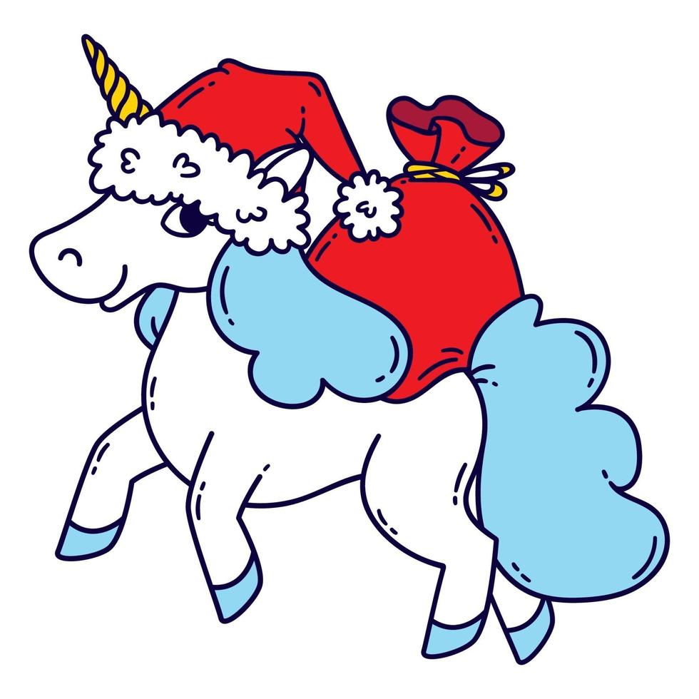 Christmas unicorn with a santa hat and a bag of gifts. vector