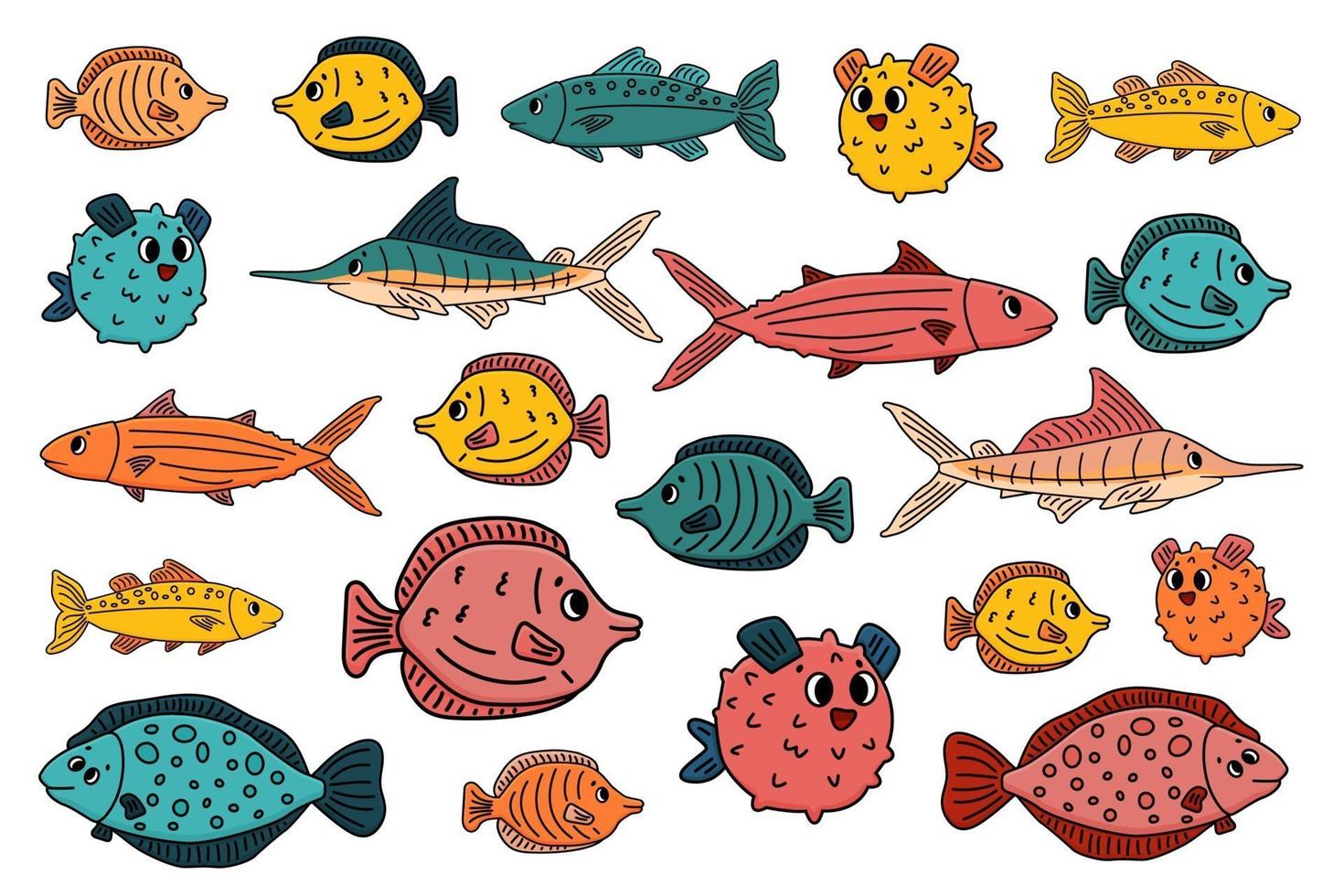 Set of outline different cartoon vector underwater fish, tang, flounder, tuna, ocean burrfish, sea marlin