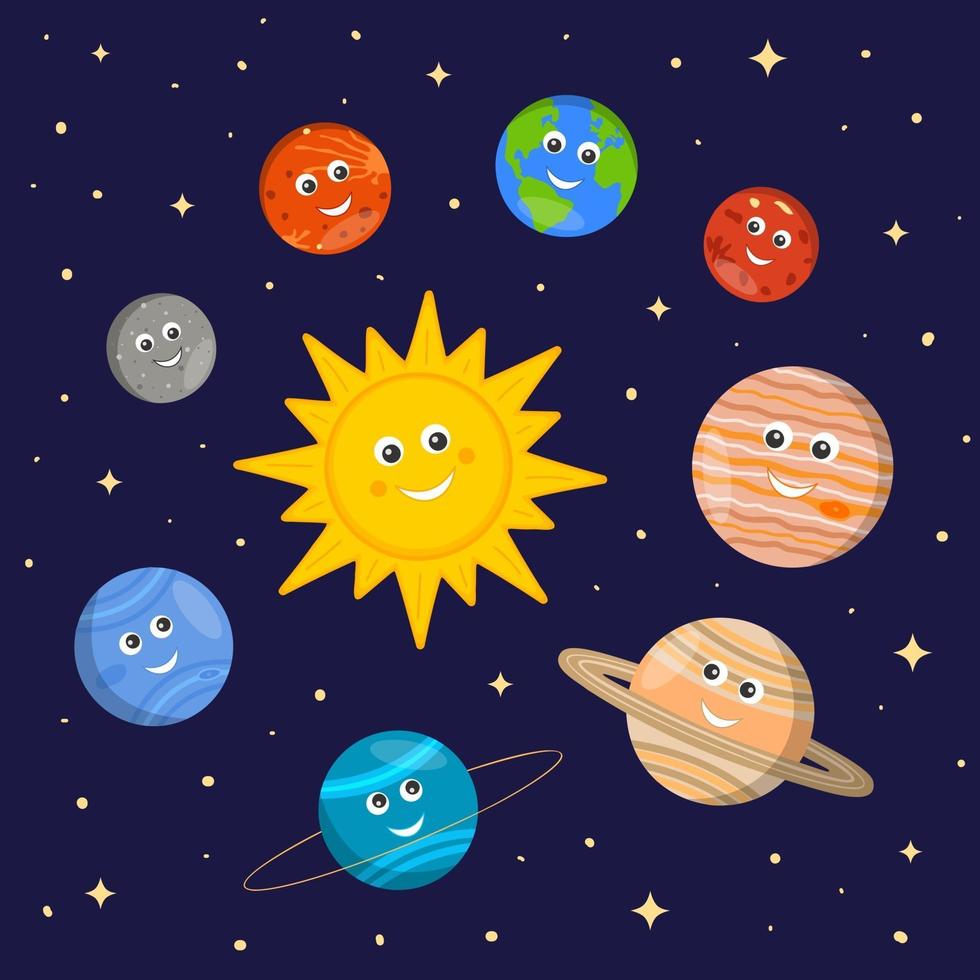 Solar system for kids. Cute sun and planets characters in cartoon style on dark space background. Vector illustration for kindergarten and school science education