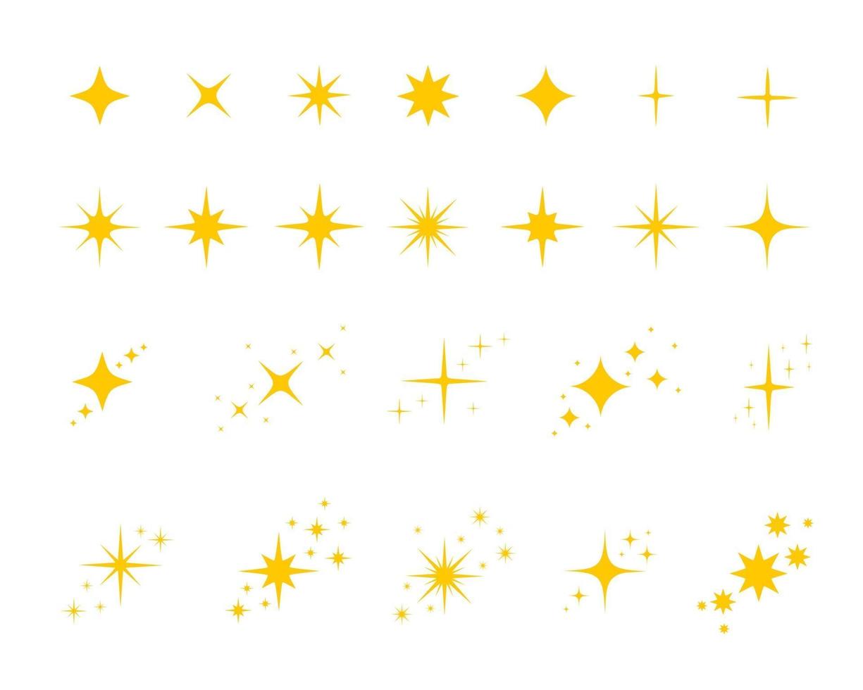 Set of gold, yellow stars twinkles and sparkles symbols isolated on white background. Bright flash, shining glow, dazzle light icons vector