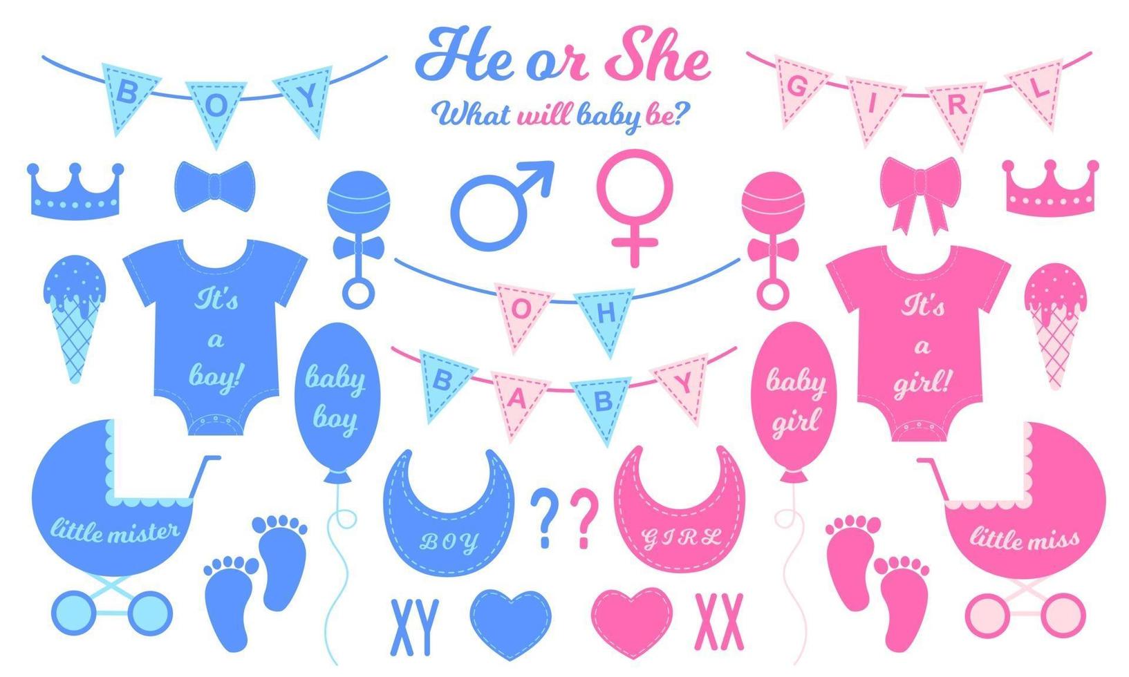 Gender reveal party set. Props for baby shower celebration. Boy or girl elements for greeting cards, invitations, banners vector