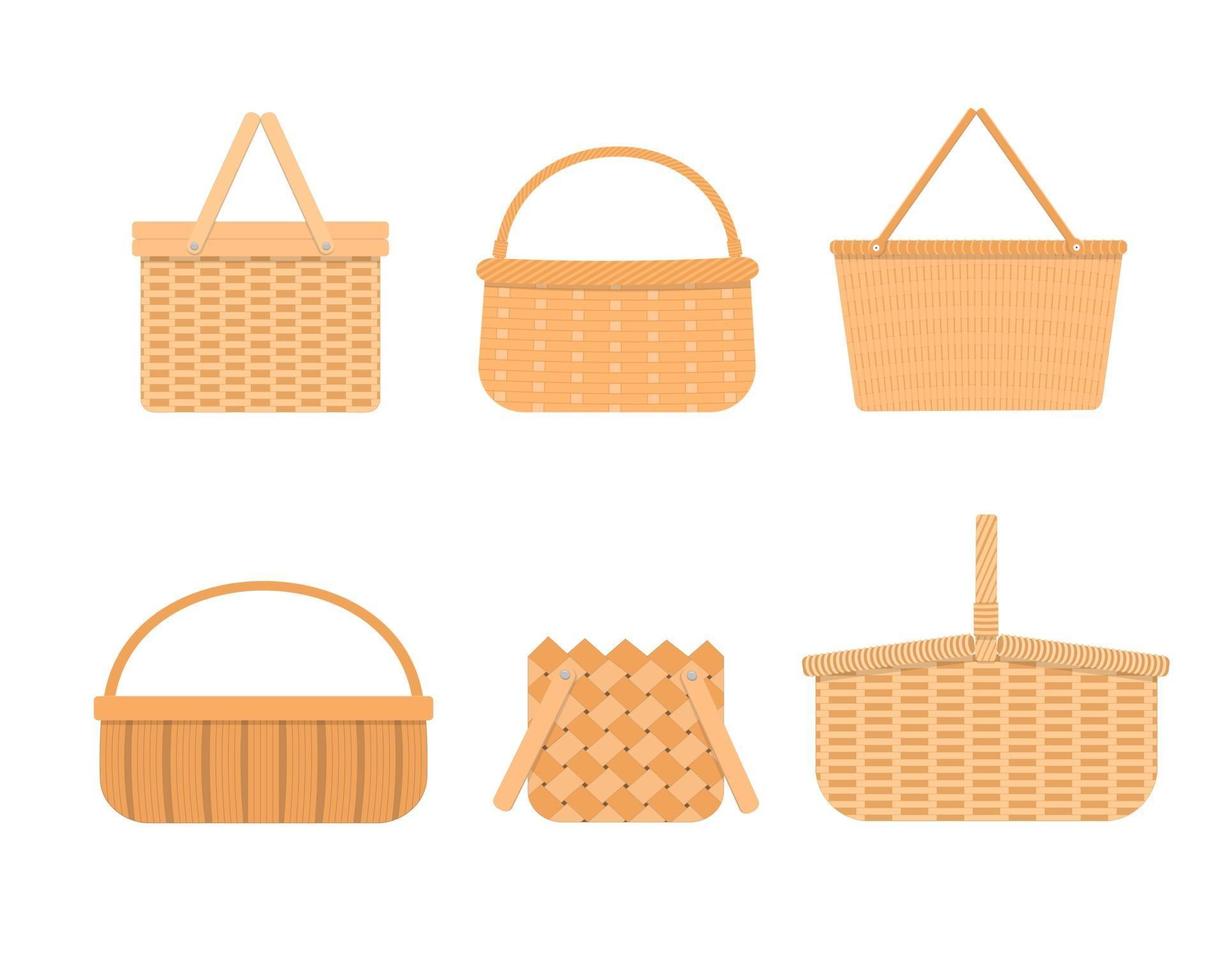 Set of empty wicker picnic baskets isolated on white background. Collection of different hand woven willow baskets and hampers vector