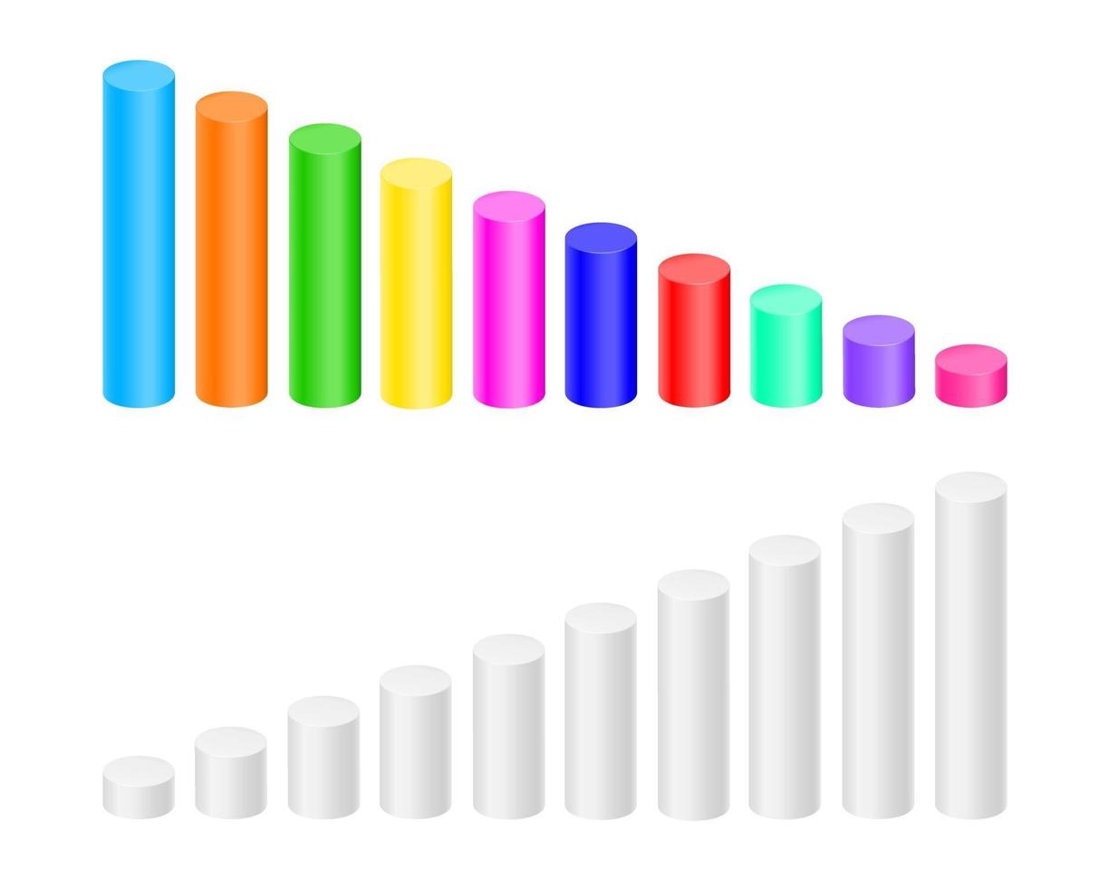 Colorful and white cylinders. Bar graph, column chart elements for finance statistical infographic. Growth and decrease signs vector