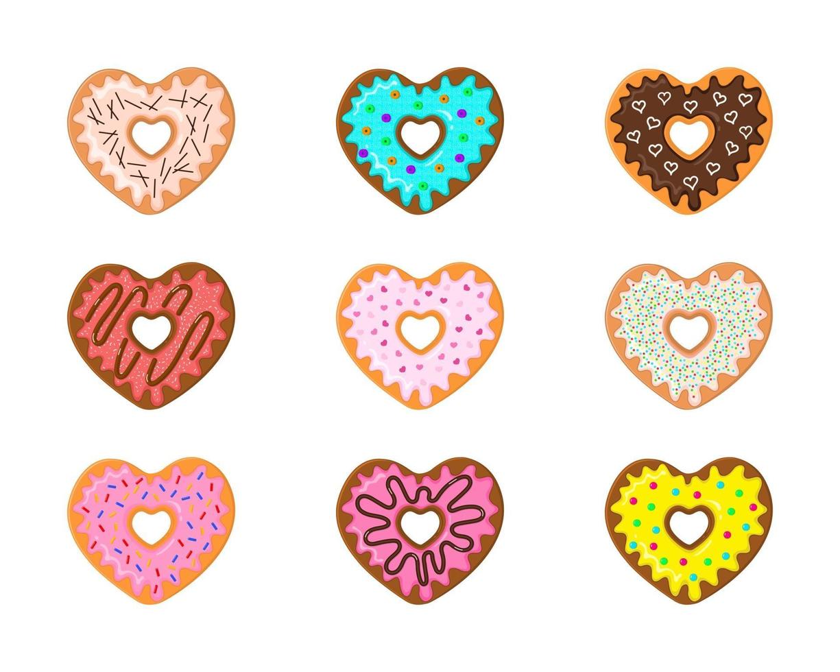 Set of heart shaped donuts isolated on white background. Different sweet doughnuts for Valentines day vector