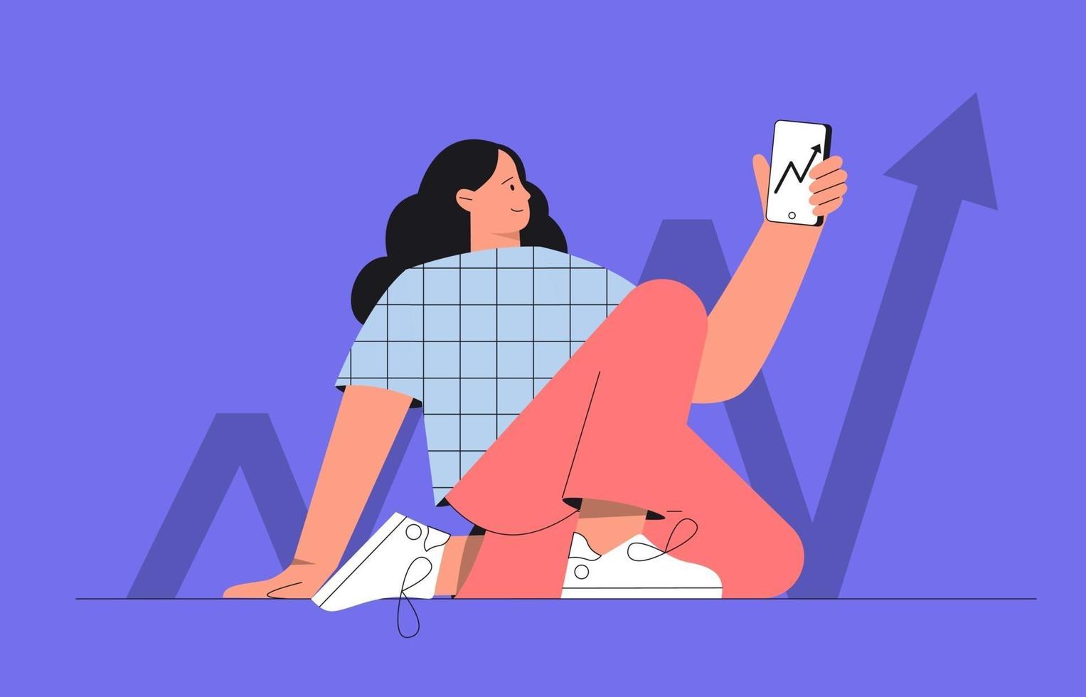 Online investment with mobile phone concept. Investment, stock trading app isolated metaphor. Analytical service and business promotion concept. Young woman holds a phone, flat vector illustration.