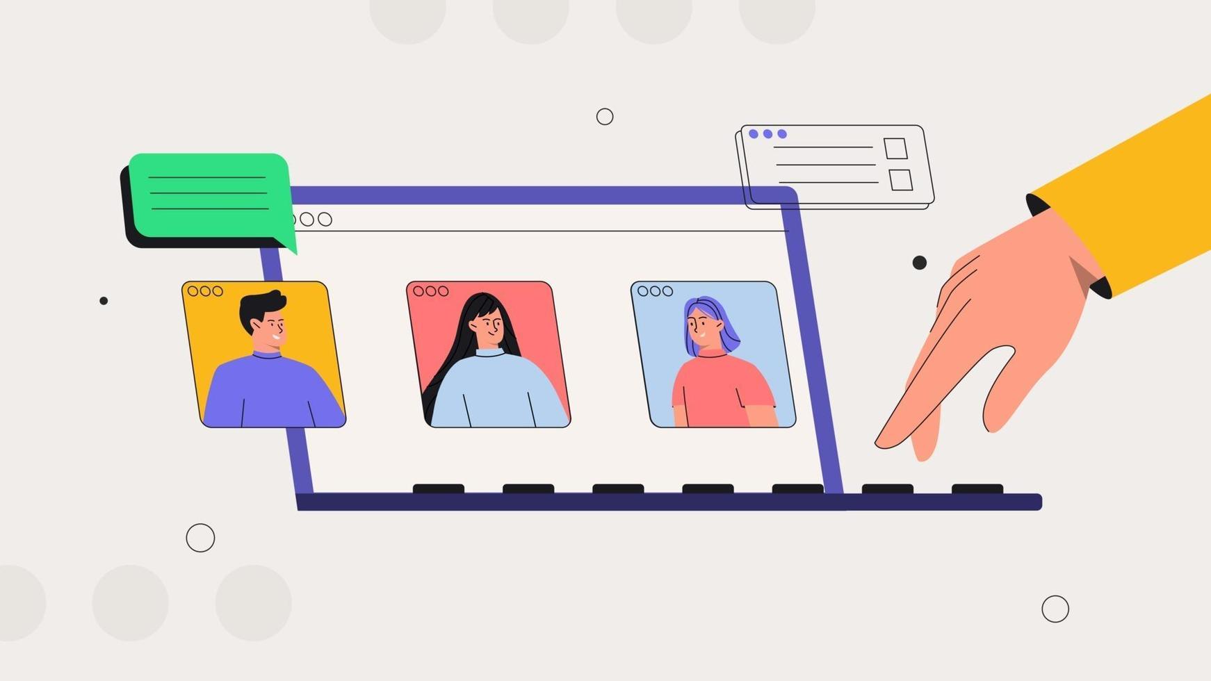 Online Discussion and Business Video Conference Concept. Stream, web chatting, online meeting friends. People on laptop screen taking with colleague. vector